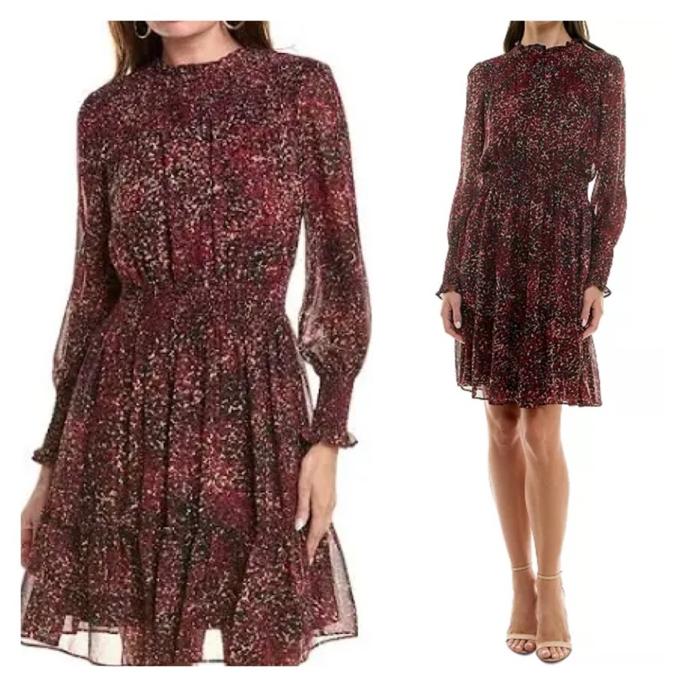 Just Taylor Crimson Smocked Mock Neck Long Sleeve Chiffon Cocktail Dress Size 6
